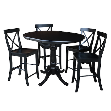 International Concepts Round 36 in Rd Extension Dining Table 34.9 inH, 4 X-Back Counter Ht Stools, Black, 36 in W, 48 in L K46-36RXT-S6132-4